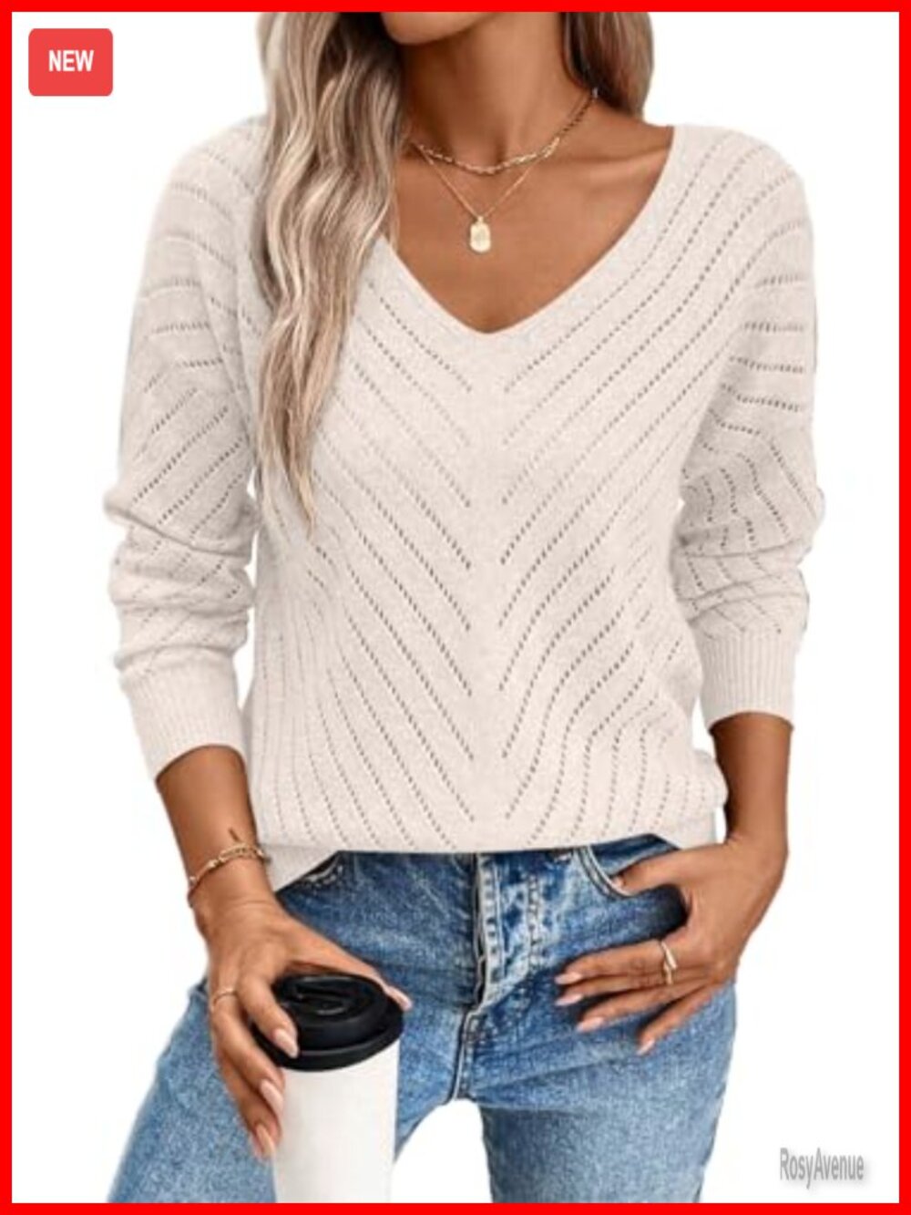 Womens V Neck Hollow Out Crochet Knit Sweater Long Sleeve Pullover